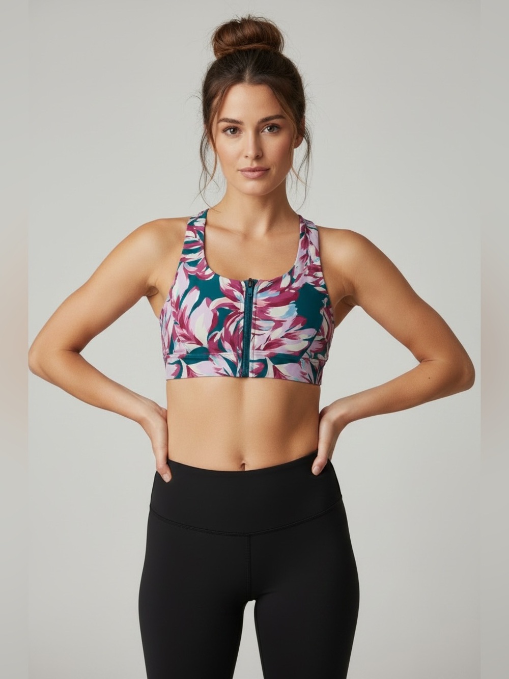 tek gear teal floral front-zip racerback sports bra with pink accents